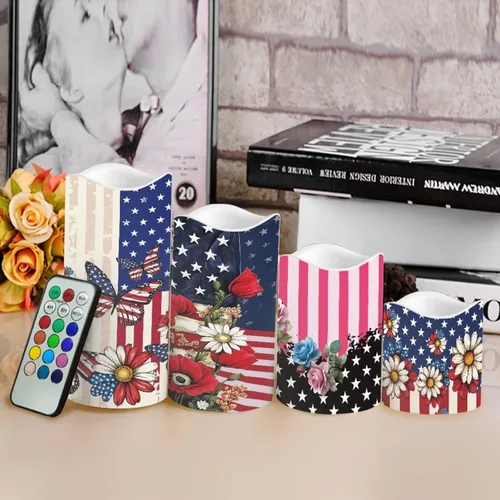Vista 4 de Jeiento American Flag Flameless Candles 4 Pack 4th of July Home Decoration Flower American Flag LED Candles Battery Operated with Timer Remote