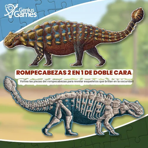 Vista 3 de Ankylosaurus - Rompecabezas de dinosaurio Rompecabezas de piso de doble cara de 100 piezas con esqueleto que brilla en la oscuridad en el otro
