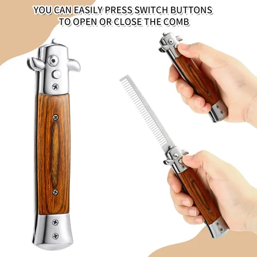Vista 4 de Chengu 2 piezas de cepillo de pelo de hoja de grano de madera Switchblade cepillo de bolsillo peine automático botón cepillo y mariposa plegable
