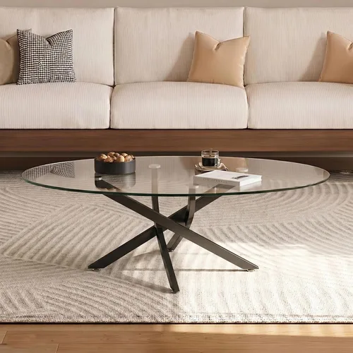 Vista 3 de Henf Oval Glass Coffee Table, 39.4'' Transparent Top, Black Metal Legs