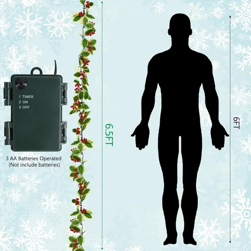 Vista 2 de Juegoal Guirnalda de Navidad, guirnalda de bayas rojas y hojas de acebo preiluminadas de 6.5 pies, guirnalda de bayas artificiales iluminadas a