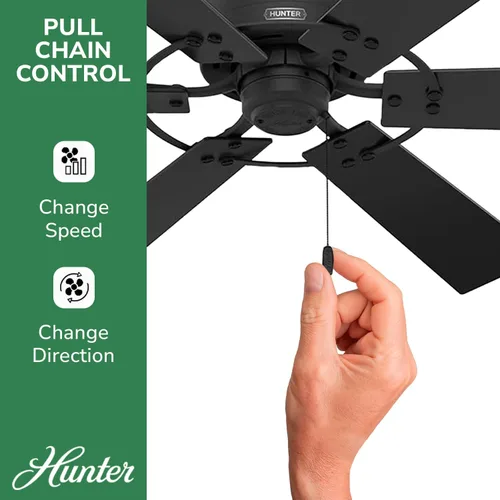 Vista 4 de Hunter 52 pulgadas Ventilador de techo para interiores sin luz - Ventilador de techo negro sin luz, 6 aspas, montaje estándar, para dormitorio, sala