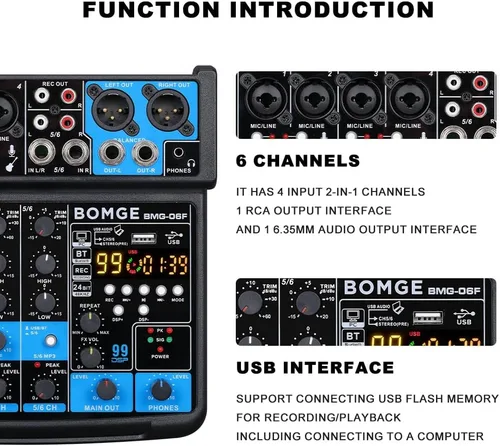 Vista 6 de BOMGE Consola mezcladora de sonido mini DJ Audio de 6 canales con interfaz USB, Bluetooth, grabación estéreo, alimentación fantasma de 48V, 99