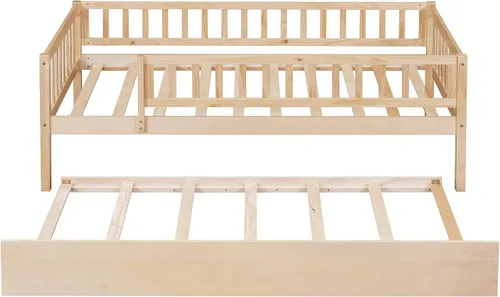 Vista 8 de Sofá cama individual con nido, marco de cama infantil de madera tamaño individual con valla, cama nido individual para niñas, niños, cama de Natural