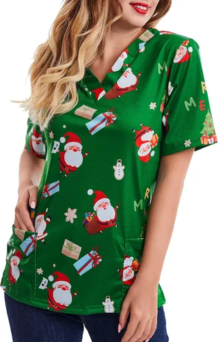 Vista 2 de Camiseta de manga corta con cuello en V para mujer, diseño de Navidad, color verde Navidad
