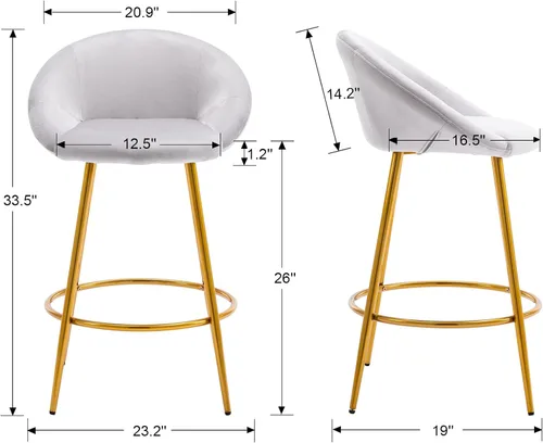 Vista 2 de CIMOTA Juego de 2 taburetes de bar de terciopelo gris, modernos taburetes de bar copetudos de 26 pulgadas, sillas con respaldo/reposapiés, taburetes