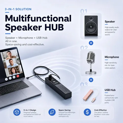 Vista 2 de Altavoz USB 3 en 1 para computadora con micrófono, altavoz de conferencia de escritorio con micrófono para oficina en casa inteligente y estudio