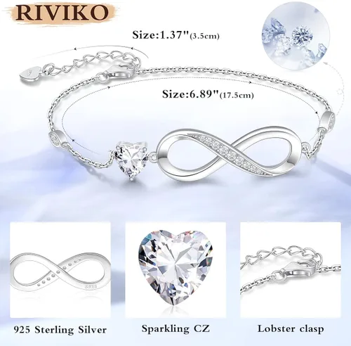 Vista 5 de RIVIKO Pulsera con dije de símbolo de corazón de amor infinito para mujer, plata de ley 925, ajustable, cumpleaños, Navidad, día de San Valentín