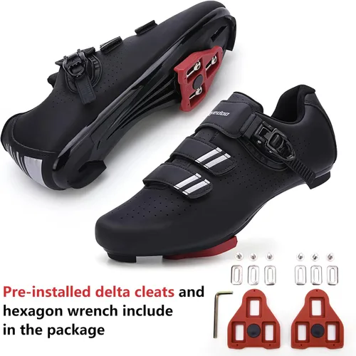 Vista 2 de Zapatos de ciclismo para hombre y mujer, compatibles con Pelaton, zapatos de bicicleta de carretera, preinstalados con clip de tacos Delta, pedal