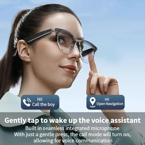 Vista 8 de PUSOKEI Gafas inteligentes, gafas de sol de audio, micrófono y altavoz integrados, protección U V00, auriculares de oído abierto, control táctil