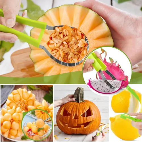 Vista 6 de Juego de 18 cucharas de melón Baller, juego de pelador de frutas de acero inoxidable 4 en 1, cortador de aguacate, pelador de naranja, frutas