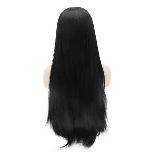 Vista 4 de Mxangel - Peluca de cabello sintético largo y lacio con encaje frontal, color negro, natural atado a mano, resistente al calor