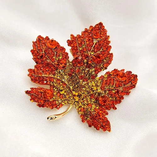 Vista 4 de Vintage elegante completo micro pavimentar amarillo naranja rojo cristal grande hoja de arce broche pin otoño joyería