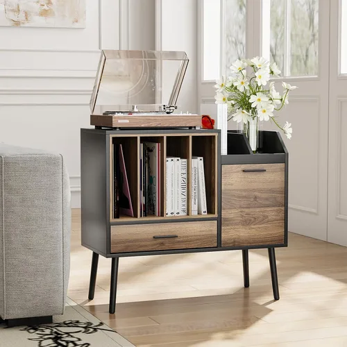 Vista 7 de Soporte para tocadiscos con almacenamiento de discos de vinilo, soporte para tocadiscos con armario de almacenamiento con capacidad para hasta 250