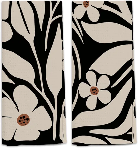 Vista 8 de Juego de 2 toallas de cocina retro boho floral, toallas de mano beige y negro para baño, toallas de cocina botánicas, decoración de cocina