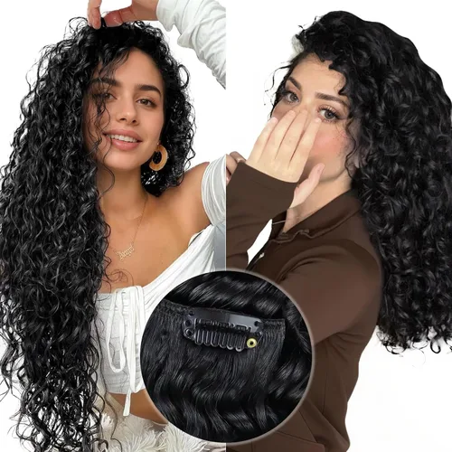 Vista 6 de Hetto . Extensiones de cabello humano rizado con clip, color #1 negro azabache, extensiones de cabello humano ondulado natural para cabeza completa