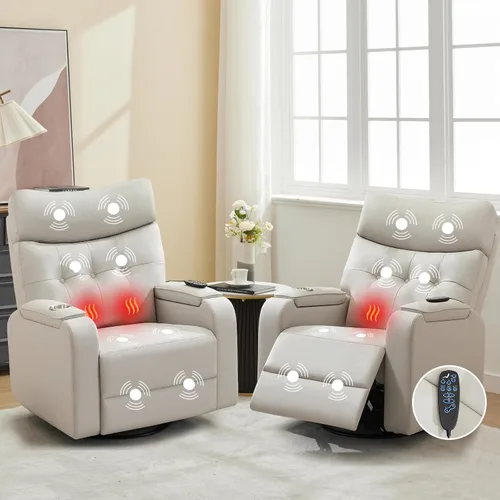 Vista 20 de Rocker - Silla reclinable para cuarto de bebé, mecedora giratoria con calor y masaje, para sala de estar, color gris claro Cuero Gris Claro