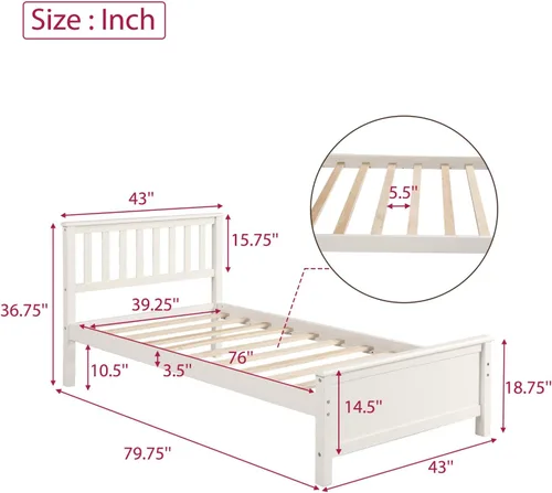 Vista 2 de Harper & Bright Designs Base de cama de tamaño individual, cama de plataforma de madera con cabecero, cama de plataforma individual con soporte