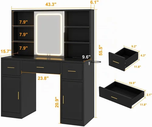 Vista 2 de knoworld - Escritorio de tocador con espejo deslizante y luces LED, mesa de maquillaje inteligente con estación de carga, soporte para secador
