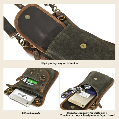 Vista 5 de Handadsume Lona resistente al agua + cuero para motocicleta, viajes, riñonera de viaje, bolsa de pierna para hombres y mujeres FB2141, 2141-El verde
