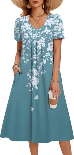 Vista 14 de Zeagoo Vestido de verano para mujer, casual, floral, midi, con bolsillos, cuello en V, plisado, manga corta, estilo alineado, para vacaciones
