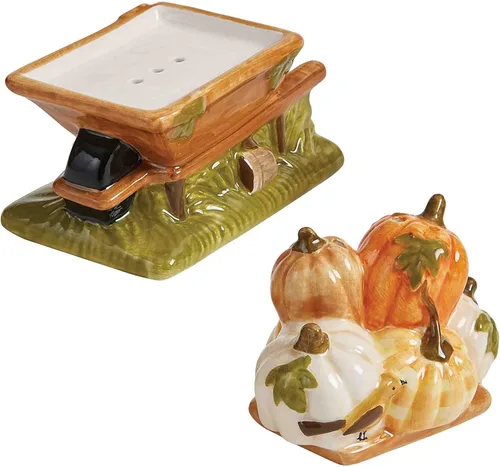 Vista 3 de Park Designs Punkin' Patch - Juego de sal y pimienta Coctelera de cerámica para decoración de granja de otoño Accesorios de mesa rústicos