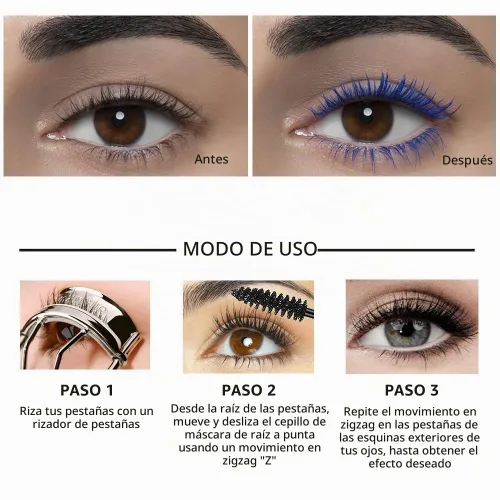 Vista 3 de Máscara de pestañas de color azul, morado y verde, para dar volumen, levantar y alargar, de larga duración, resistente al agua para pestañas