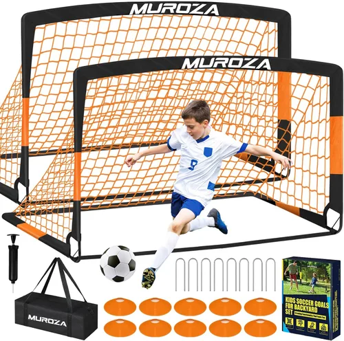 Vista 16 de Portería de fútbol, juego de porterías de fútbol para niños para patio trasero, paquete de 2 redes de fútbol portátiles desplegables con pelota
