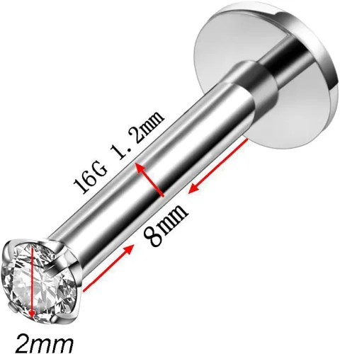 Vista 2 de Piercing de labio de 16 G con circonita cúbica de color mixto para labret Monroe nariz, tragus hélice para oreja, joyería de acero inoxidable