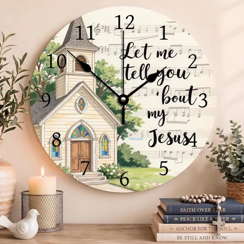 Vista 14 de Reloj de pared con versículo bíblico, con cita religiosa, reloj de madera, texto inspirador cristiano, reloj de madera rústico personalizado