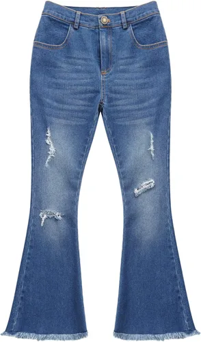 Vista 6 de YiZYiF Pantalones vaqueros acampanados rasgados para niños y niñas, pantalones de mezclilla de cintura alta, pantalones casuales de verano