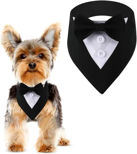 Vista 8 de Bandana de esmoquin, collar ajustable para mascotas con lazo para perros pequeños, medianos y grandes, ropa formal de boda, regalos de cumpleaños