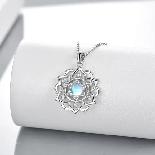 Vista 4 de Collar de loto de plata de ley 925, collar con colgante de piedra lunar, joyería de loto para yoga para mujer, Piedra de luna