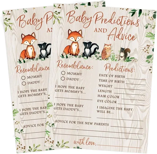 Vista 4 de Printed Party Predicciones y consejos para baby shower, animales del bosque, 50 tarjetas