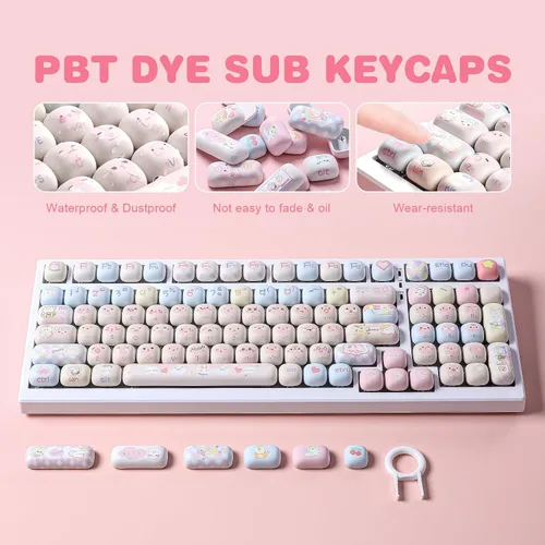 Vista 3 de YUNZII Lindas teclas personalizadas de gatito rosa, 141 teclas de tinte Sub PBT MOG Perfil juego de teclas para teclados mecánicos