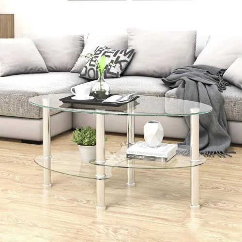 Vista 2 de Mesa auxiliar ovalada con almacenamiento, moderna mesa de cristal de 3 capas para sala de estar, transparente y transparente