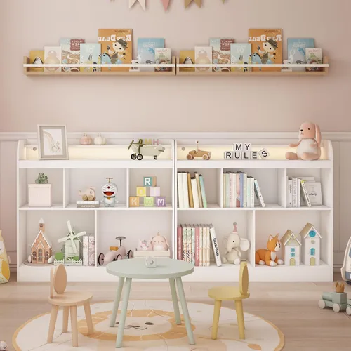 Vista 4 de Lkeiyay Estantería abierta para niños, organizador de juguetes Montessori con luces LED, estantería abierta de madera blanca para niños, dormitorio