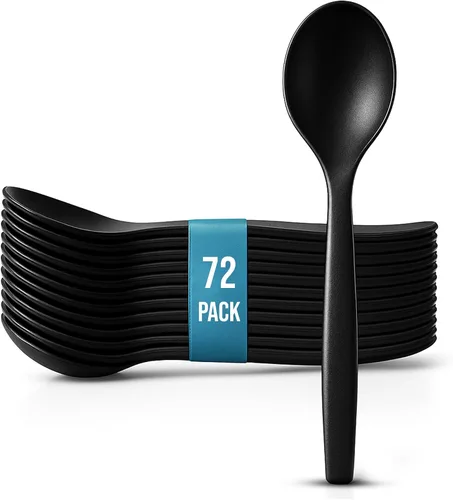 Vista 11 de Cucharas de plástico negro de 8.5 pulgadas para bufé, 36 unidades a granel, cuchara desechable resistente, utensilios de plástico grandes