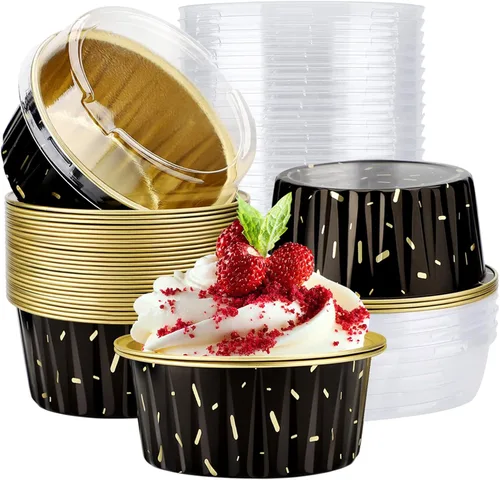 Vista 13 de EUSOAR Tazas de aluminio para hornear, paquete de 30 tazas de 5 onzas para cupcakes con tapas, moldes de pastel de 4.2 fl oz, flanes de postres