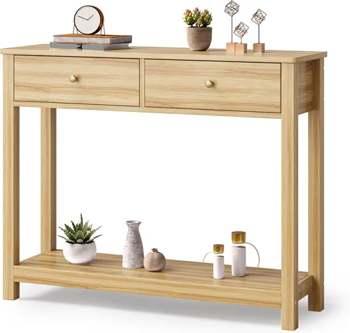 Vista 15 de Gizoon - Mesa de consola con 2 cajones, mesa de entrada de 2 niveles de madera con estantes de almacenamiento, mesa de sofá de 39" de ancho