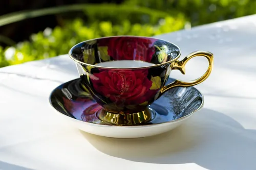 Vista 3 de Taza de té y platillo de porcelana de hueso rosa de tallo (negro)