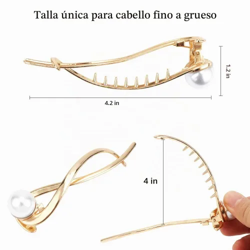 Vista 4 de Ahoney 4 pasadores de perlas para mujer, pinzas francesas 4.2 con perlas elegantes para cabello grueso (plata + dorado)