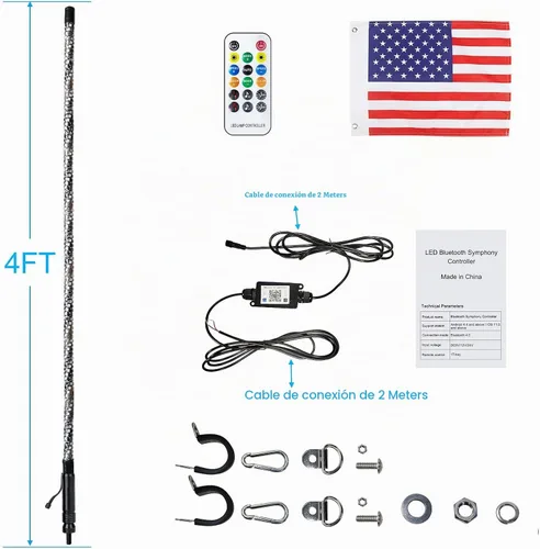 Vista 4 de Luces LED de Látigo de 4 Pies para UTV RGB Luz de Persecución/Baile Control Remoto Compatible con APP, Más de 600 Combinaciones de Modos