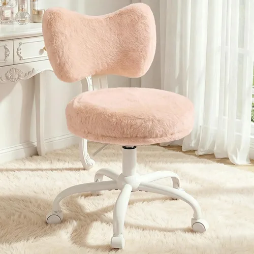 Vista 11 de Homkdom Silla de tocador con ruedas, bonita silla de escritorio con respaldo de lazo, silla de oficina pequeña de piel de conejo sintética esponjosa