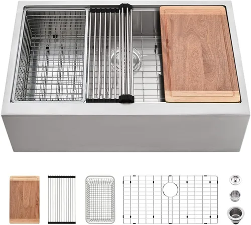 Vista 15 de Fregadero negro de 24 pulgadas para casa de campo, fregadero de cocina de 24 x 22 pulgadas con delantal frontal, acero inoxidable de calibre 16