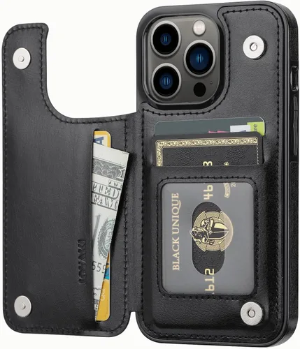 Vista 3 de Funda tipo cartera compatible con iPhone 13 Pro de 6.1 pulgadas, funda protectora delgada con tarjetero, piel sintética de alta calidad, ranuras