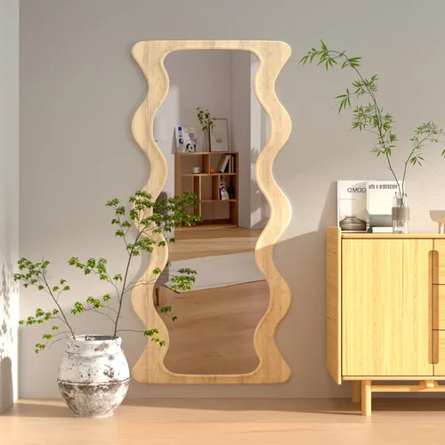 Vista 4 de Espejo ondulado de cuerpo completo de 65 x 24 pulgadas, espejo de pared irregular con marco de madera, para colgar o apoyar contra la pared