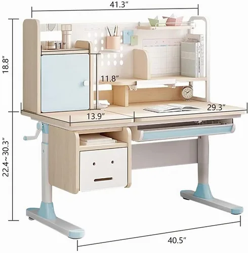 Vista 3 de FCD Mesa de estudio ergonómica de madera de altura ajustable para niños, mesa de redacción para computadora, estantería incorporada, multifunción