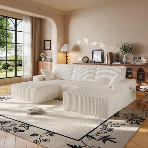 Vista 24 de Sofá seccional en forma de U de 108 pulgadas con otomana, sofá seccional modular de pana con asiento profundo, sofá modular moderno en forma de L