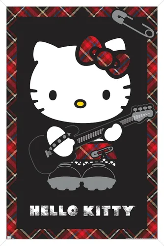 Vista 14 de Hello Kitty: Póster de pared rojo punk de 22.4 pulgadas de largo x 14.7 pulgadas de ancho, versión enmarcada de madera de granero